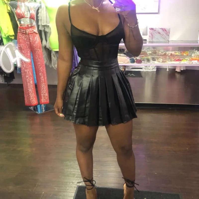 Black Летняя одежда для женщин черная из искусственной кожи подол Bodycon плиссированные мини-юбки высокая талия сексуальные Клубные вечерние трапециевидные юбки - Цвет: Black