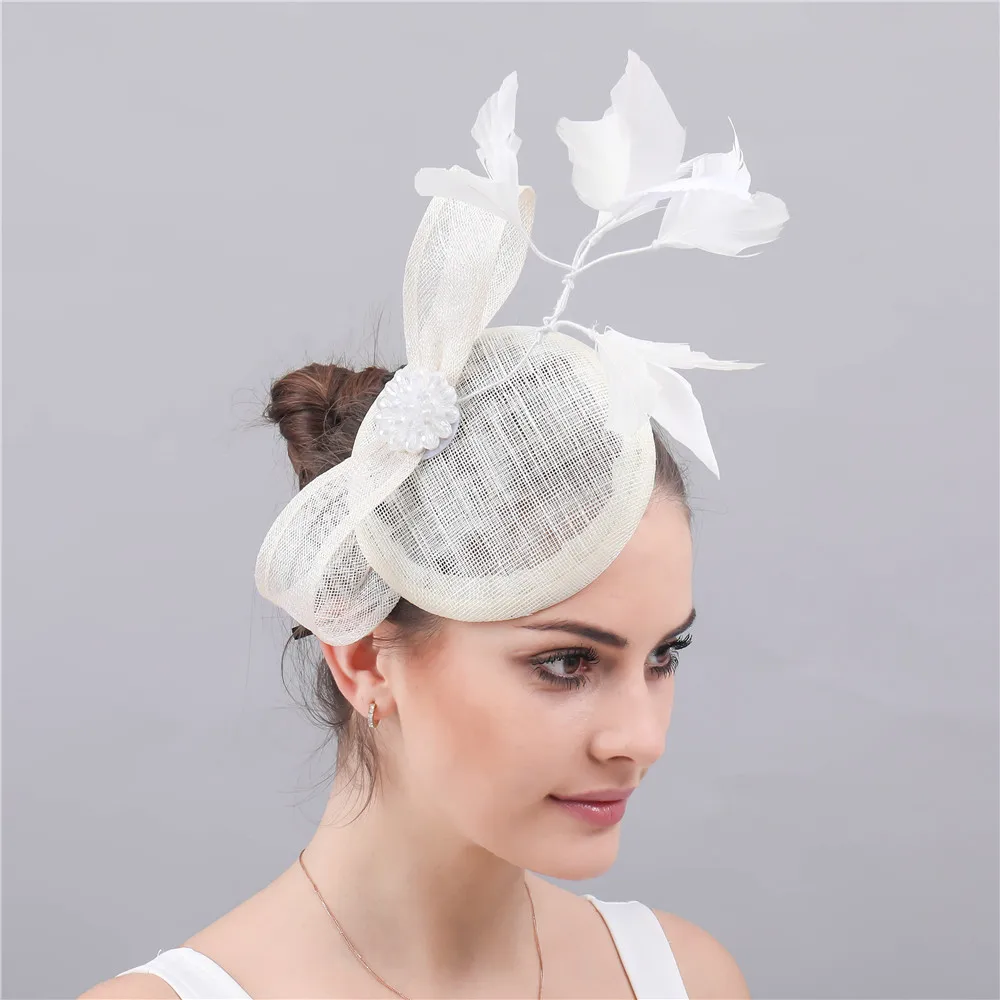

Vintage Bride Women Wedding Fascinator Feather Hat Prom Party Headwear Dinner Sinamay Ivory Headpiece Hair Pins Cocktail Race