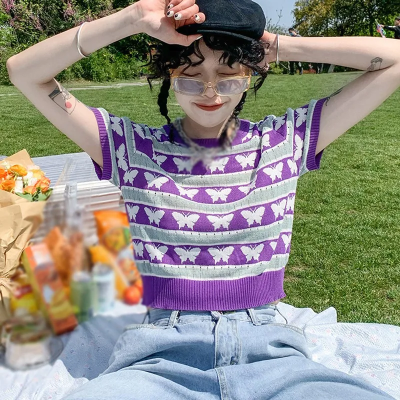 

Летние женские вязаные топы с круглым вырезом, пляжная одежда для девочек, повседневные футболки с коротким рукавом и бабочкой