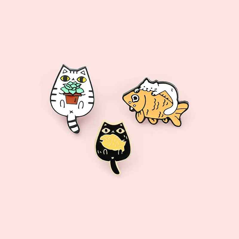 

NEW Enamel Pin Luxury Brooch Cute And Cute Kitten Ornaments Potted Fish Brooches On Clothes Cool Cartoon Gift Jewelry for Women