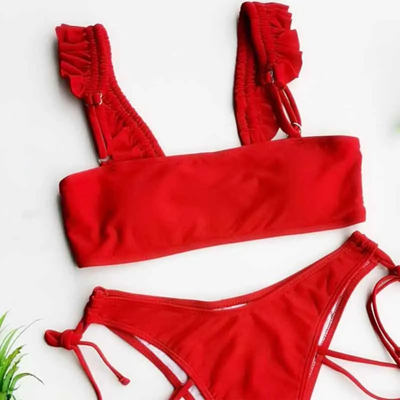 

2021 New Sexy Red Ruffled Frilled Bikini Female Swimsuit Women Swimwear Two-pieces Bikini set Mid Waist Bather Bathing Suit Swim