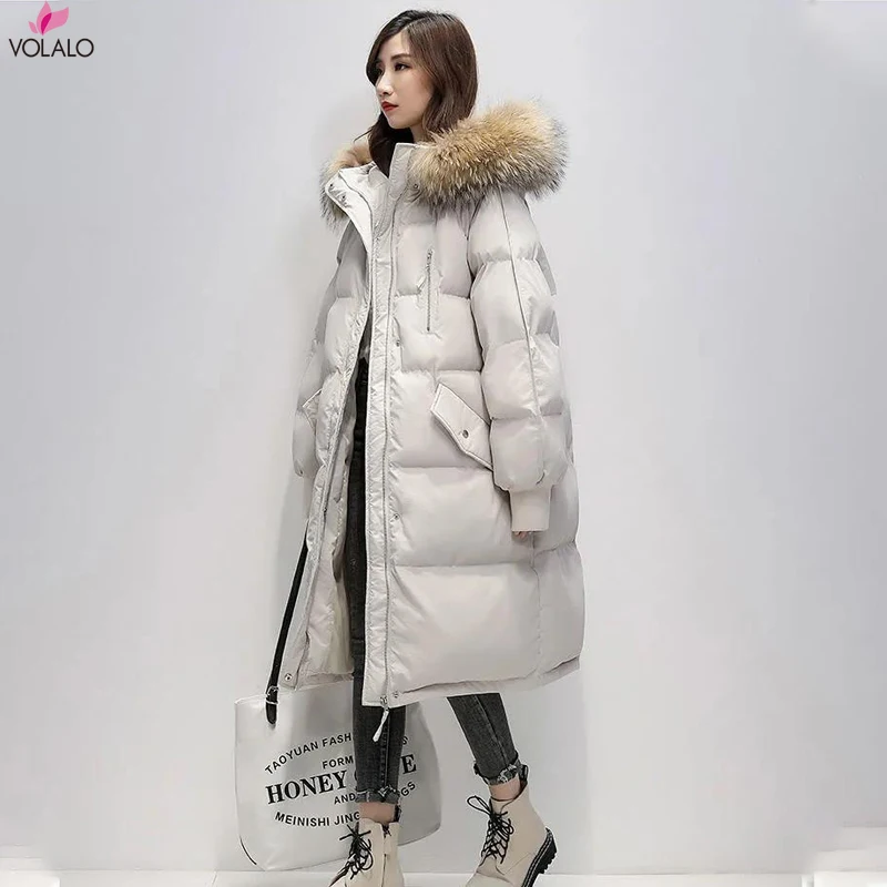 

Women's Winter Long Down Cotton Jacket Korean Stye Large Fur Collar Hooded Thick Parkas Warm Loose Clothing Women Coat 2021