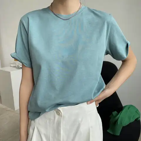 Летняя женская повседневная однотонная свободная футболка RZIV с круглым вырезом и короткими рукавами