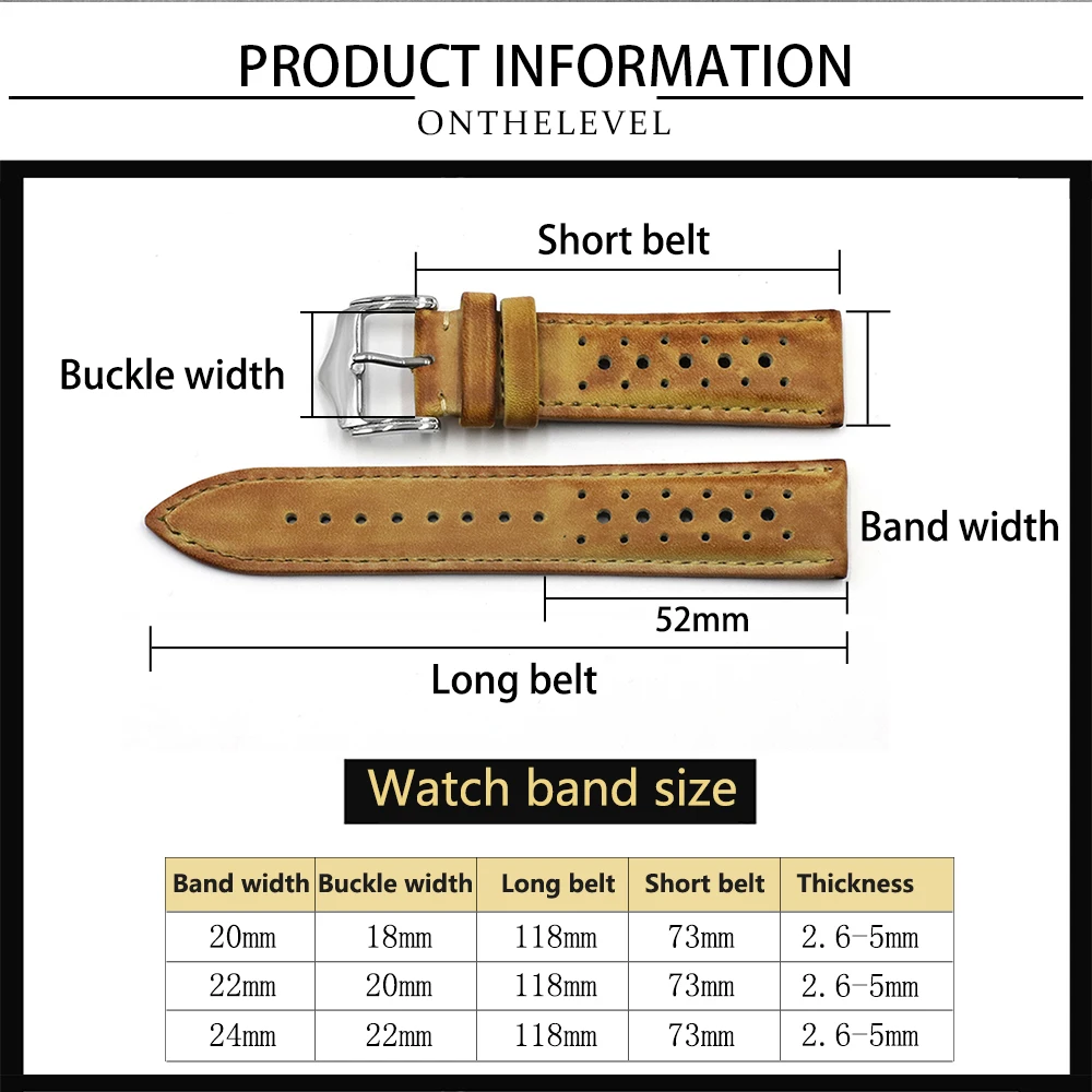 Onthelevel Porous Leather Watch Strap 18 20 22mm Watchband Retro Color Black Yellow Blue Watch Band Soft Wristband #E