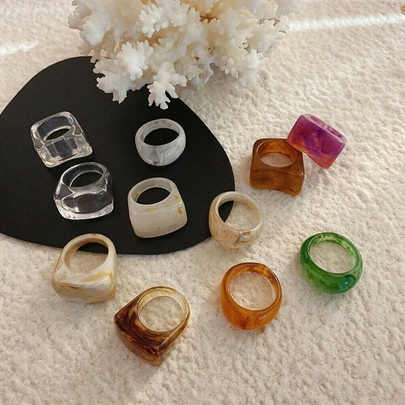 

New Colorful Vintage Transparent Chic Acrylic Irregular Marble Pattern Ring Resin Rings for Women Girls Jewelry