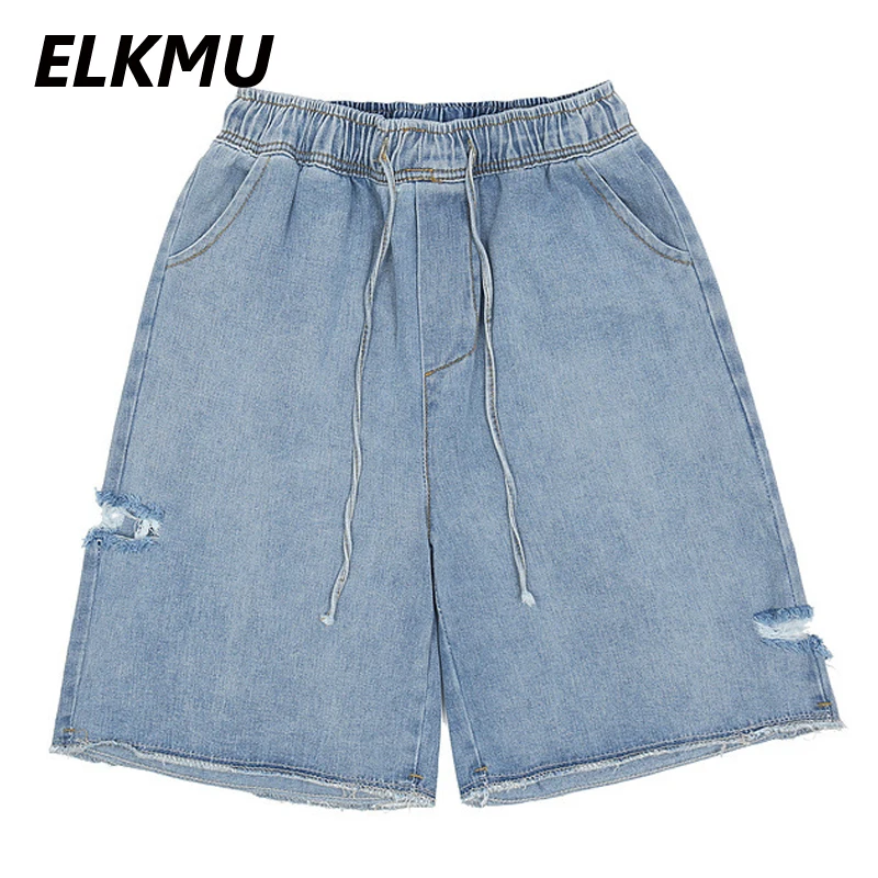 

ELKMU Denim Shorts Men 2021 Summer Ripped Hole Jeans Shorts Elastic Waist Streetwear Casual Blue Short Pants Male Harajuku HE976