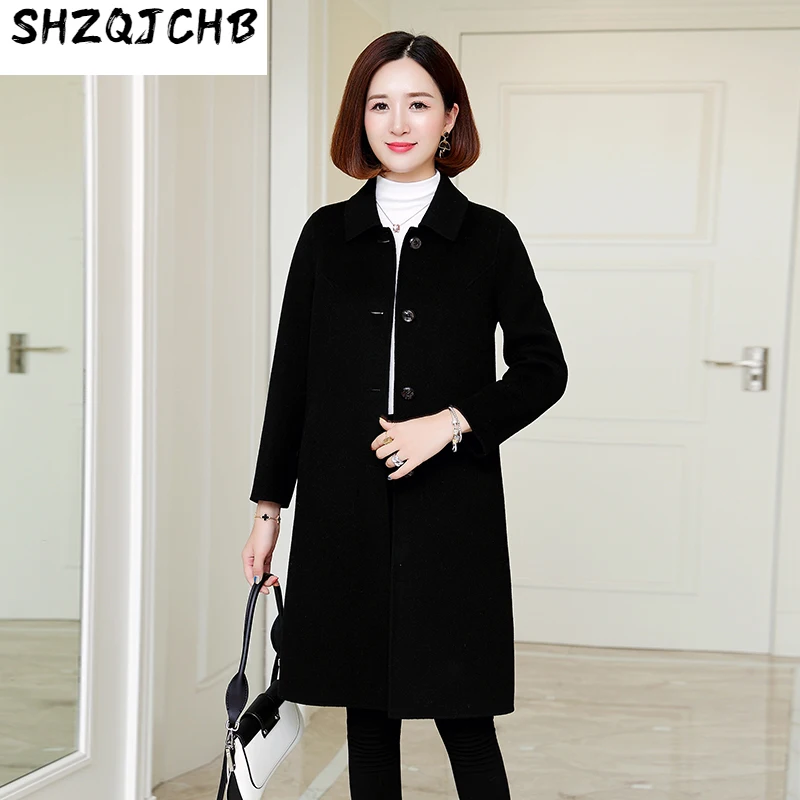 

SHZQ двухстороннее твидовое пальто, женское средней и длинной осенне-зимнее новое шерстяное пальто, облегающее кашемировое пальто, твидовое ...