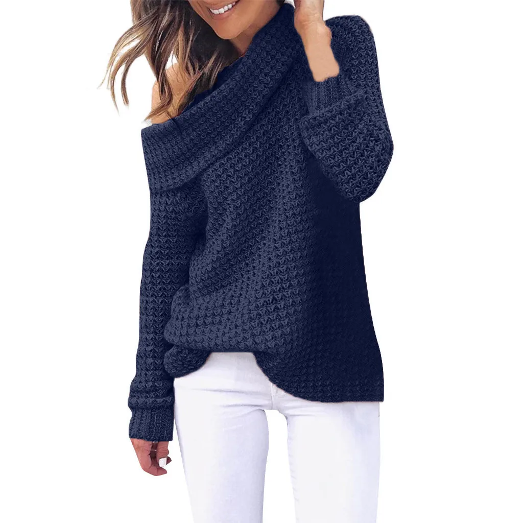 

Women Sweaters Ladies Fashion Autumn Winter Shoulder Knitting Pullover Casual Solid Long Sleeve High Collar Sweater Top #F40