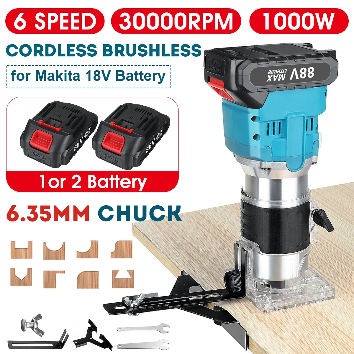 

Brushless Cordless Electric Trimmer 6 Speeds Hand Engraving Slotting Trimming Carving Machine Wood Router for Makita 18V Battery