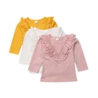 Повседневные хлопковые футболки для маленьких девочек, однотонные топы с оборками и длинными рукавами, детский пуловер для девочек, топы, осенняя одежда, одежда для детей 2-6 лет