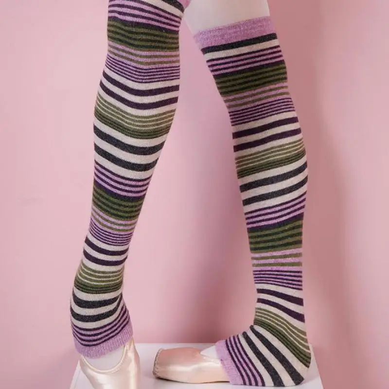 Belly Dance Sock Over Knee Anti Slip Knitting Stripe Step On Foot Covers 100% Wool Warm Material For Girl's Gaiters 2021