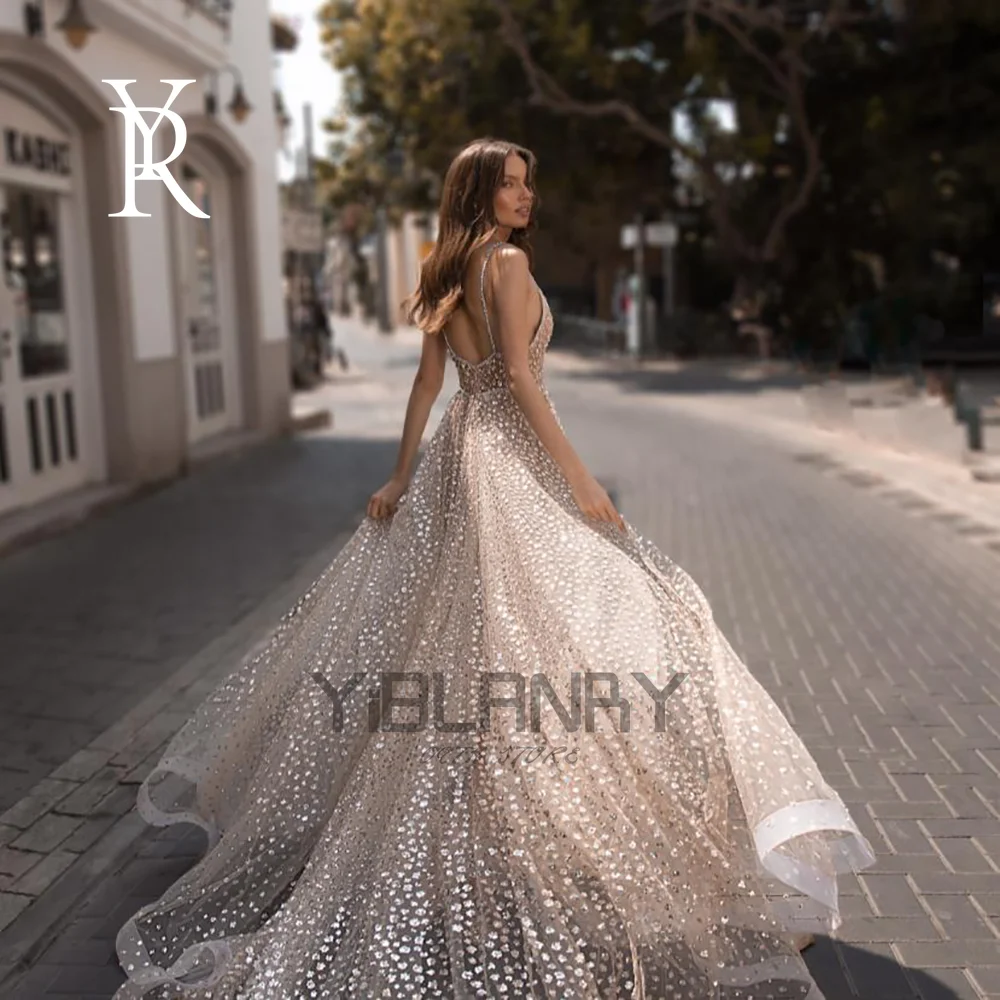 

YILIBERE Sexy V Neck Wedding Dress Sequins Luxury Shining Brautkleid Split Skirt Sling Sleeveless Bridal Gown Train Custom Made