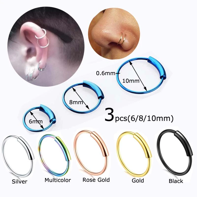 

3pcs 6/8/10mm Steel Hinged Clicker Seamless Piercing Nose Ring Hoop Lip Ear Ring
