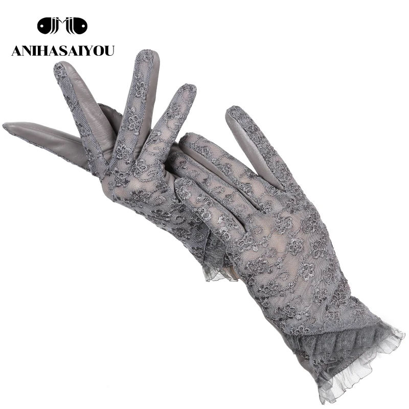 Fashion Sheepskin Lace gloves Six colors Driving women's leather gloves Classic embroidery leather gloves women-2015