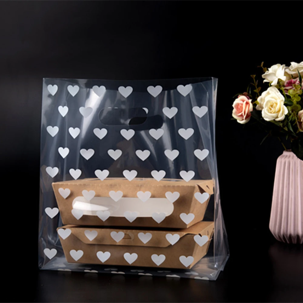 Sacchetti regalo in plastica a forma di cuore da 50 pezzi sacchetti per la spesa trasparenti addensati con manico articoli da regalo per frutta