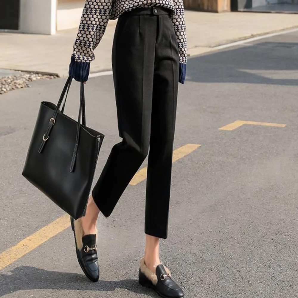 

2021 Spring Autumn Woolen Pants Women Elastic Waist Harem Trousers Female Elegant OL Winter Warm Thick Ankle-Length Pants