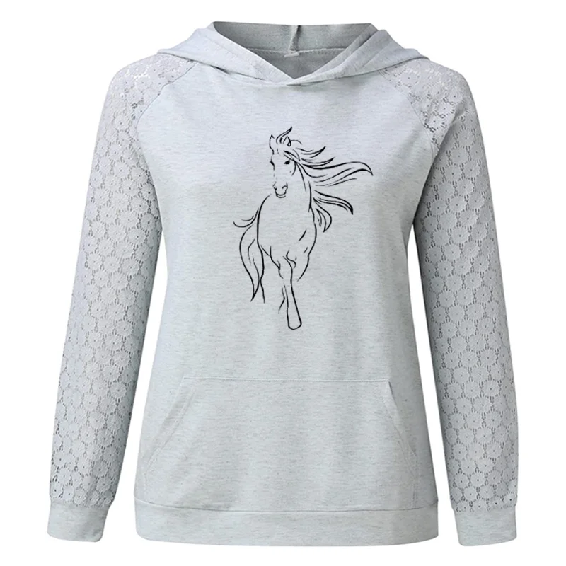 

Creative Horse Hoodies Women Long Sleeve Hooded Woman Clothing Animals Tops Girl Casual Loose Lace Hoodie Sweatshirts Pullovers