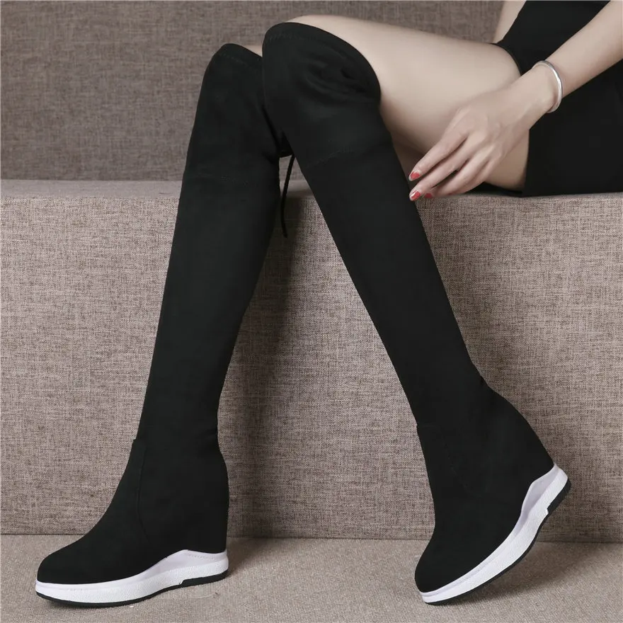 

Fashion Sneakers Women Stretchy Genuine Leather High Heel Knee High Boots Female Lace Up Wedges Platform Thigh High Pumps Shoes