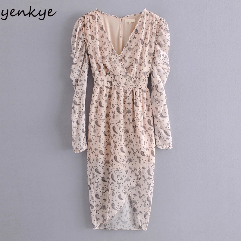 Женское асимметричное платье миди с длинным рукавом V-образным вырезом и