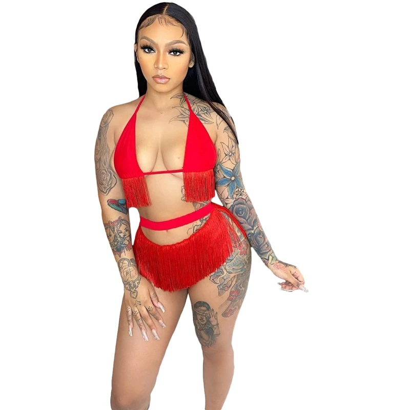 

Summer 2 Piece Bathing Suit Backless Off Shoulder Crop Top Tassel Thongs Beachwear Outfits Sexy Night Club Matching Sets