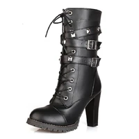 new womens martin boots comfortable side zipper rivet thick heel mid tube boots high heels