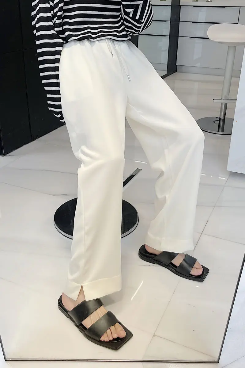 

IEFB Drawstring Elastic Waist Cuasal Pants For Men 2021 New Spring Summer Fashion Korean Streetwear Straight Split Trousers 7242