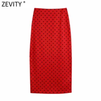 zevity women elegant polka dots print red slim straight skirt faldas mujer female summer back split zipper party vestidos qun869