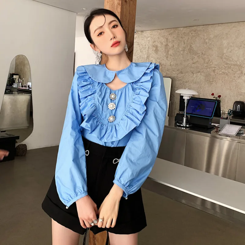 

LANMREM New Arrivals Doll Collar Shirt Long Sleeve Solid Color Summer Korea Style Shirt For Women Fashion All-match 2T1571