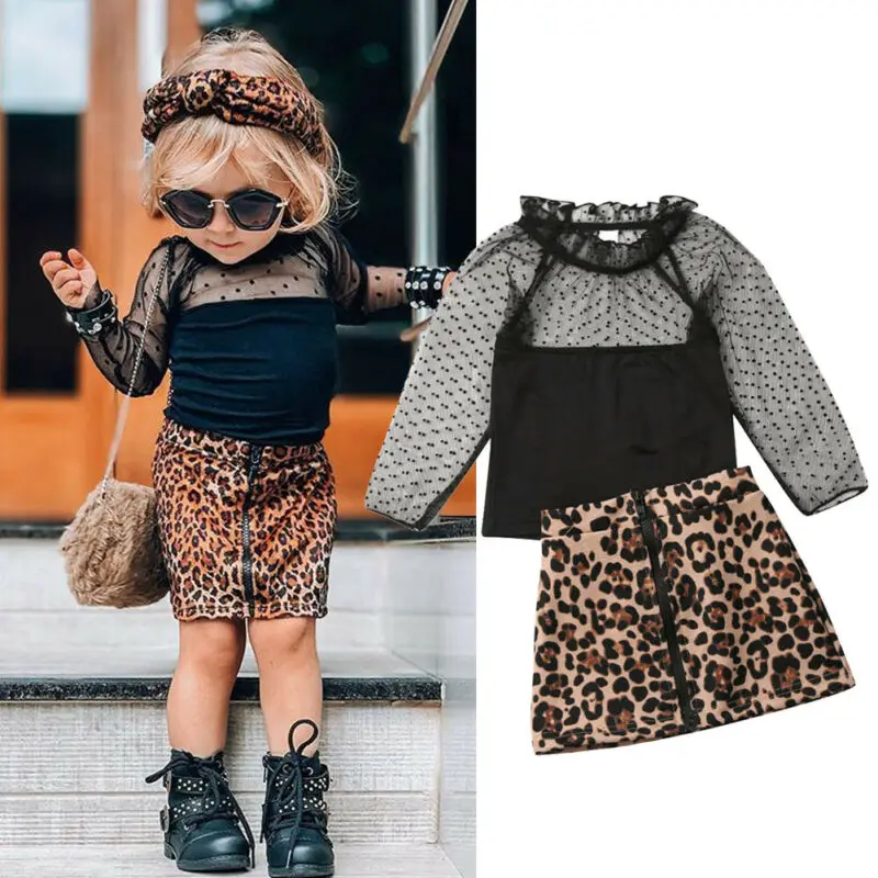 

PUDCOCO Stylish Toddler Baby Girl Clothes Lace Polka Dot Long Sleeve Top+Leopard Mini Skirt Outfit Set 1-6Y