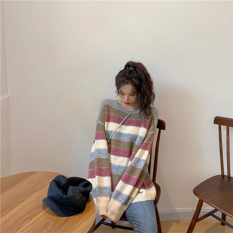 Новинка 2020 года пуловер в радужную полоску с круглым вырезом простой вязаный