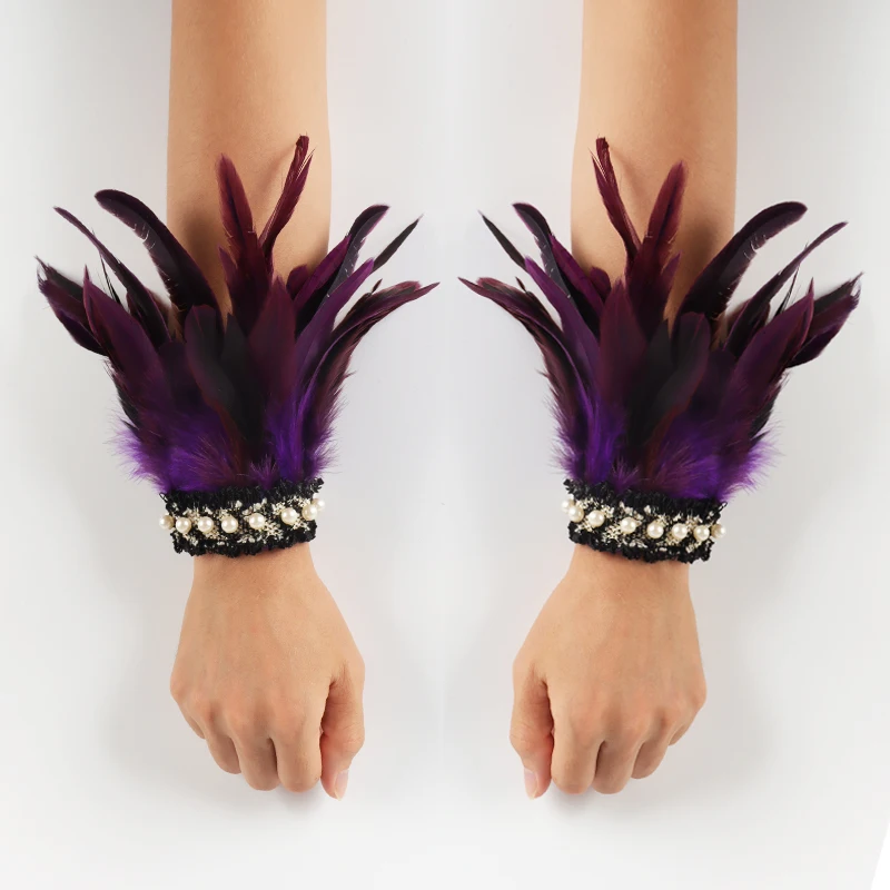 

Rooster Feather Wrist Cuffs With Faux Pearl Halloween Cosplay Party Rave Carnival Stage Show Feather Hand Wrist Cuff Arm Cuffs