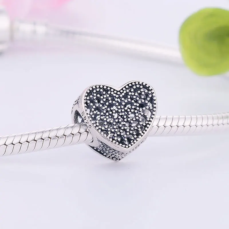 Женский ажурный браслет из серебра 925 пробы кулон в виде сердца с кружевной