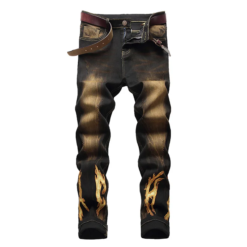 

New Hip Hop Ripped Jeans Men Pattern Embroidery Vintage Denim Trousers Washed Streetwear Pants