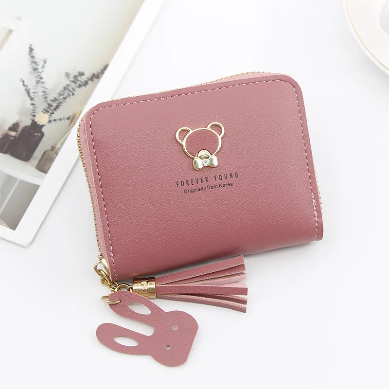 mei red Женский кошелек милый медведь на молнии Мини кошельки Короткие цепи с кисточками женские кошельки и визитницы животный узор Студенческая Монета Сумка - Color: mei red