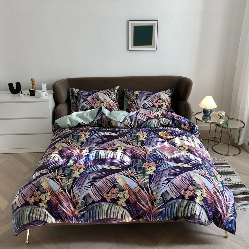 

100% Natural Cotton 4Pcs Bedding Set Purple Tropical Leaves Duvet Cover Bed Sheet set Soft Comfy Breathable Fade Resistant