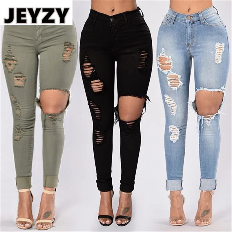 

High Waist Slim Jeans Pant Fashion Hole Distressed High Elastic Ripped Pencil Pants Women Casual Streetwear Worn Skinny Trousers
