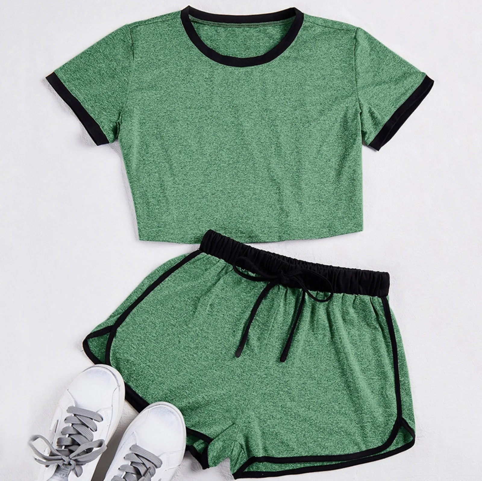 

Pajama set Fashion Womens stylish Short Sleeve Splice Lacing Casual Shorts Loose Tops 2 pieces homewear Tracksuit
