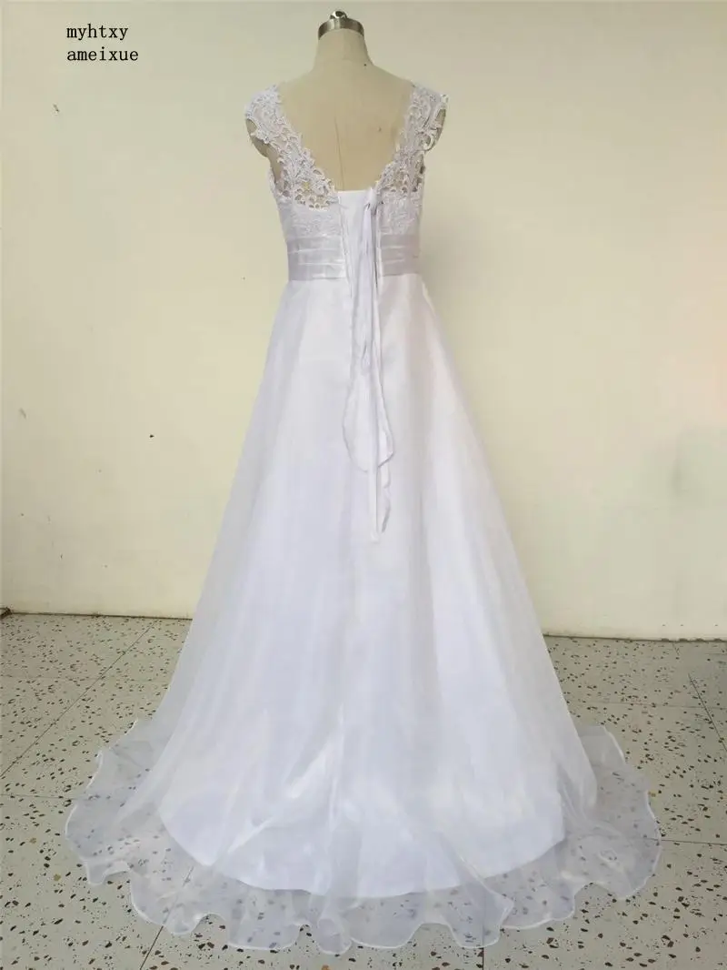 

2020 New Satin V-neck Sweep Train Floor-length Lace Up A-line Sleeveless Wedding Dress Bride Gowns Vestido De Noiva Plus Size