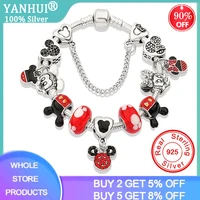 cartoon mickey minnie beads charms bracelet 925 silver safety chain bracelet bangle for women kids jewelry dropshipping sl09