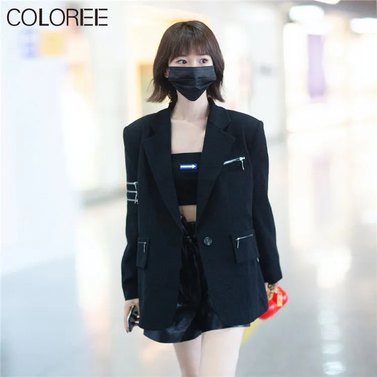 

Runway Designers Black Blazer Women 2021 Spring Autumn Elegant Notched Zipper Pockets Femenino Slim Woman Jacket