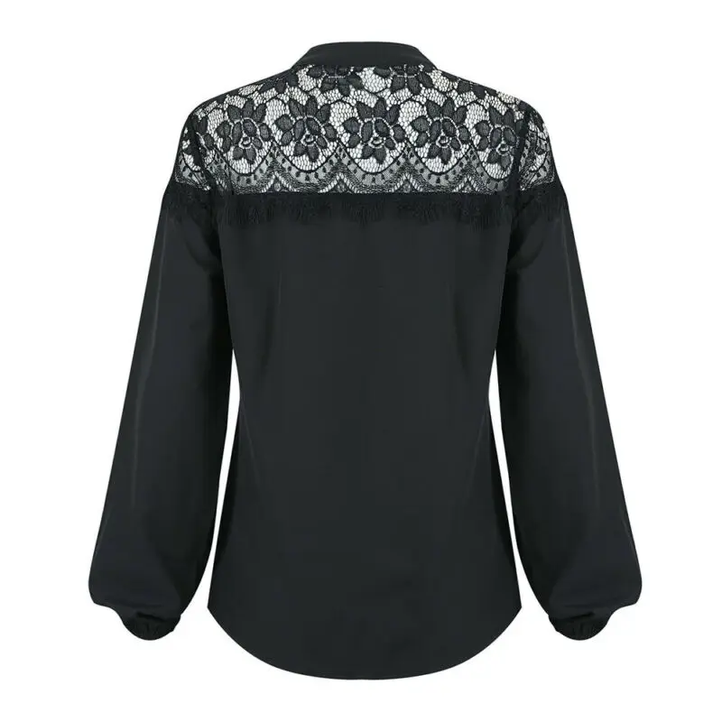 

New Fashion Women Patchwork Long Sleeve Lace Hollow Shirt Tops Crew Black Neck Tunic Blouse Shirt