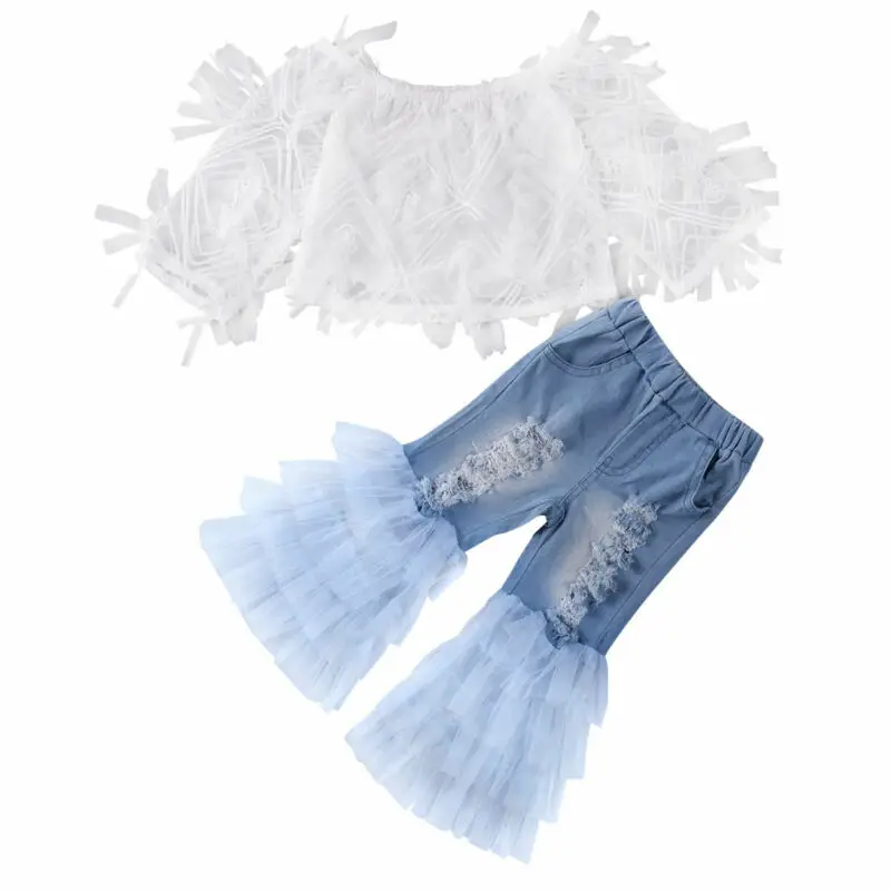 

Boutique Kid Clothes 2020 Toddler Baby Kid Girl Clothes Lace Off Shoulder Tops+ Ruffle Hole Pants 2pcs Outfit