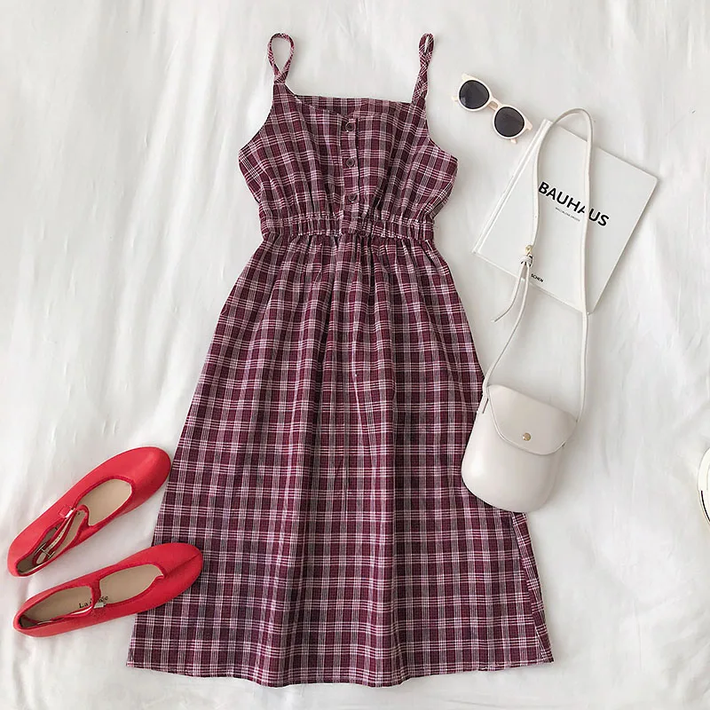 Платье в клетку для женщин платье трапециевидной формы с высокой талией милое