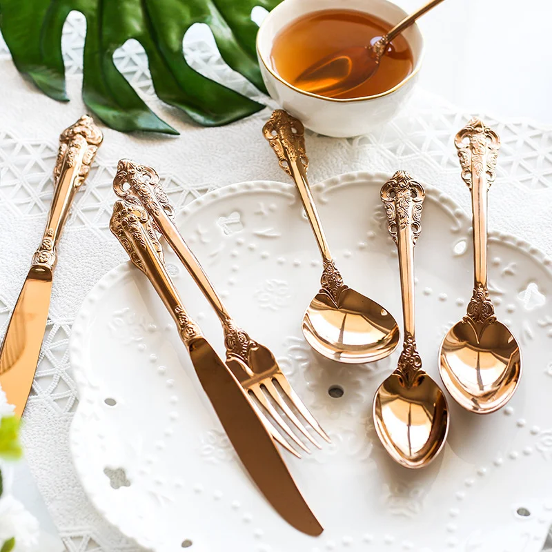 1Piece Luxury Rosegold Steak Knife  Vintage Gold Cutlery  Dining Knives Forks Teaspoons Set Golden Engraving Tableware Set
