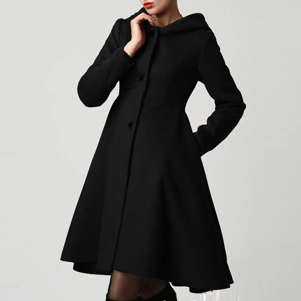 Зимнее женское пальто manteau femme, накидка с капюшоном, элегантное женское Шерстяное Пальто с карманами на талии, abrigo mujer casaco feminino