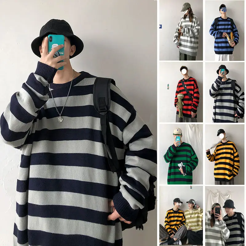 

2020 Men's College Style Coats Clothes Striped Printing Wool Knitting Round Neck Cashmere Sweater Casual Wool Pullovers M-2XL