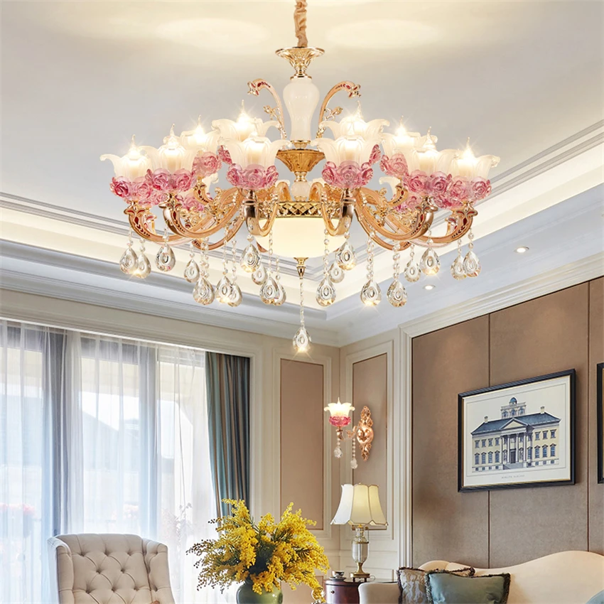 Европейский стиль цветок Кристалл Розовый chandelie огни гостиная принцесса спальня