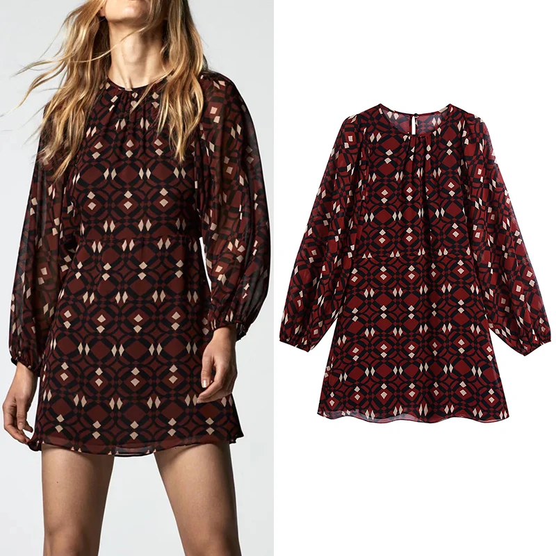 

Za Women Geometry Print Autumn Dress O Neck Long Sleeve Ladies Elegant A-Line Short Dress BB4209
