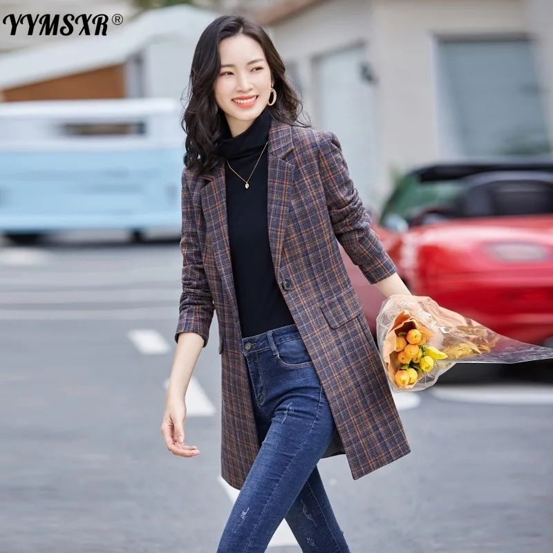 High Quality Women's Suit Jacket 2022 New Autumn and Winter Fashion Long-sleeved Large Size Long Plaid Ladies Jacket Office