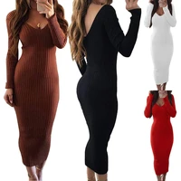 sexy women long sleeve v neck backless ribbed bodycon slim knitted midi dress